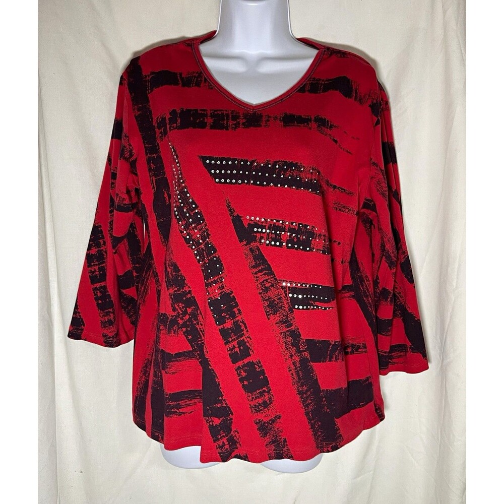 Jess & Jane Women’s Red/Black Striped Rhinestone V-Neck 3/4 Sleeve Top L